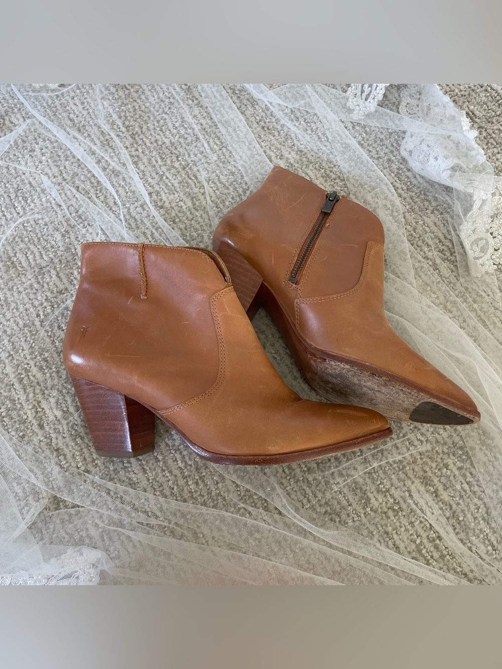 Women's FRYE Tan Leather Ankle Booties with Block Heel